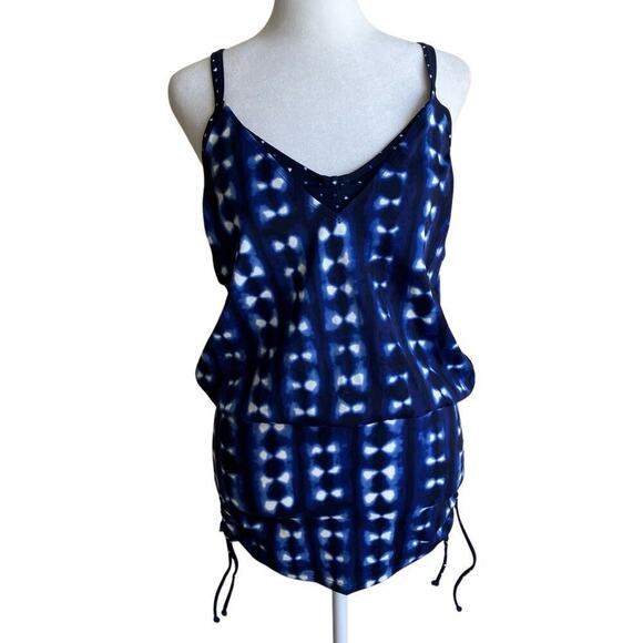 Athleta 32D/DD Mashiko Side Scrunch Blouson Tankini or Swim Dress Tie Dye Bue - Picture 2 of 16